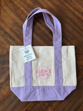 NWT Trader Joe’s Mini Pastel Canvas Tote Bag - Lavender and Natural
